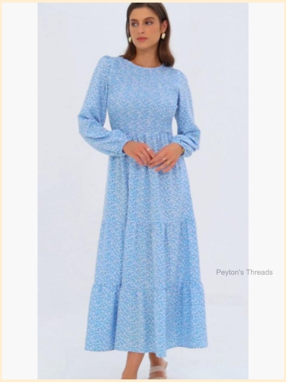 Long Sleeve Flowy Floral Maxi Dress Crewneck Smocked Tiered Swing Dress with - Picture 6 of 7